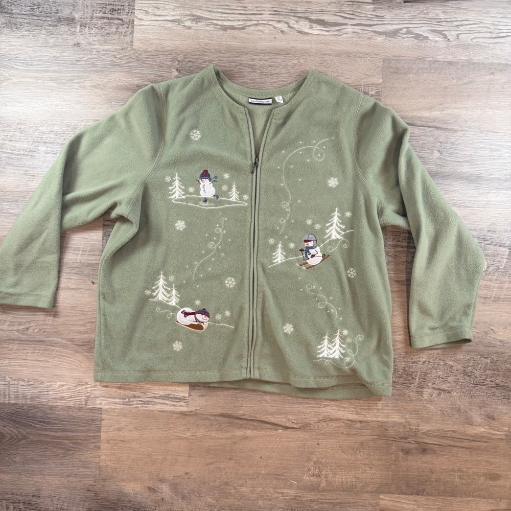 Y2K Grandma Sage Green Snowman Fleece Full Zip Jacket Womens 1X Embroidered